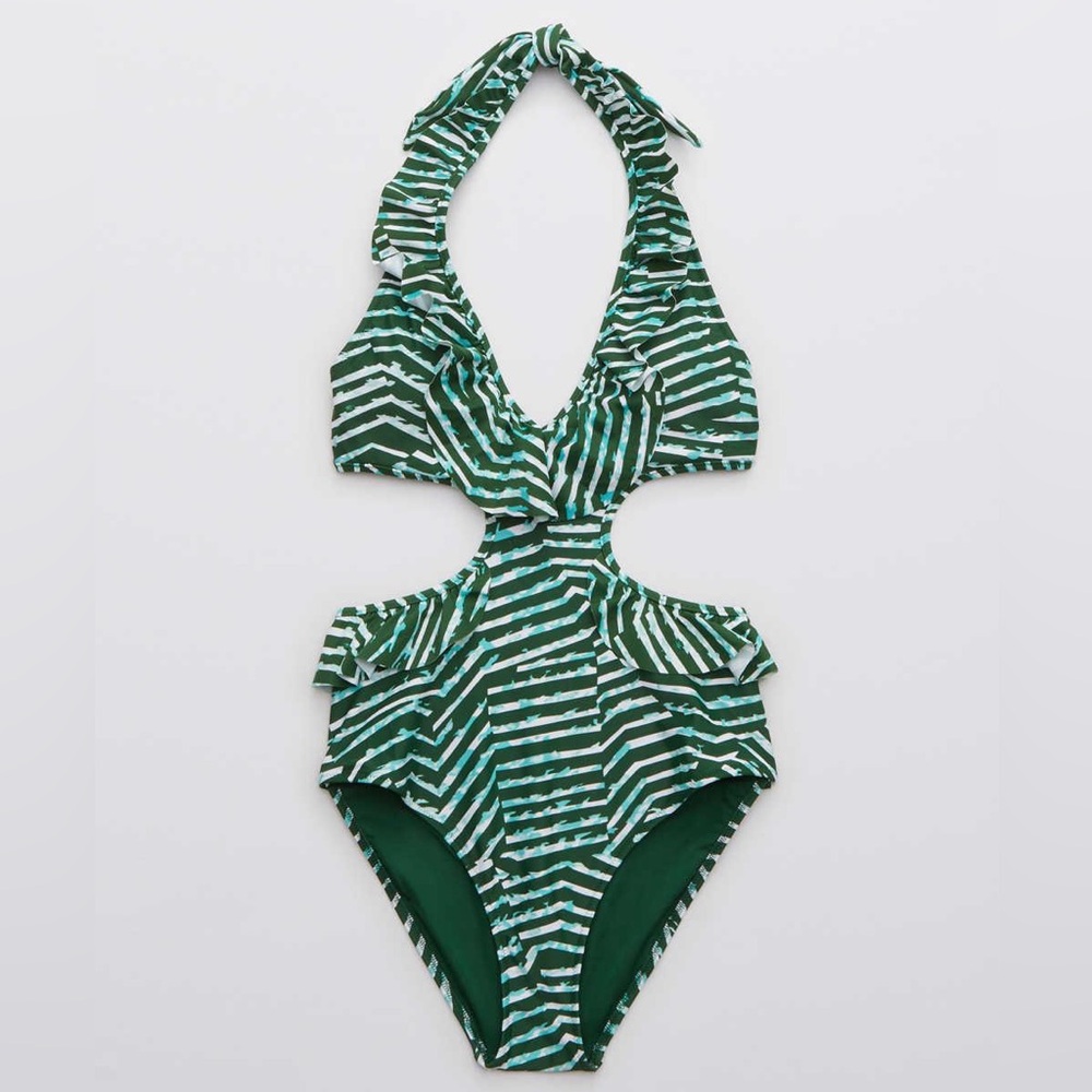 Aerie Halter one piece swim suit with cut outs and ruffles